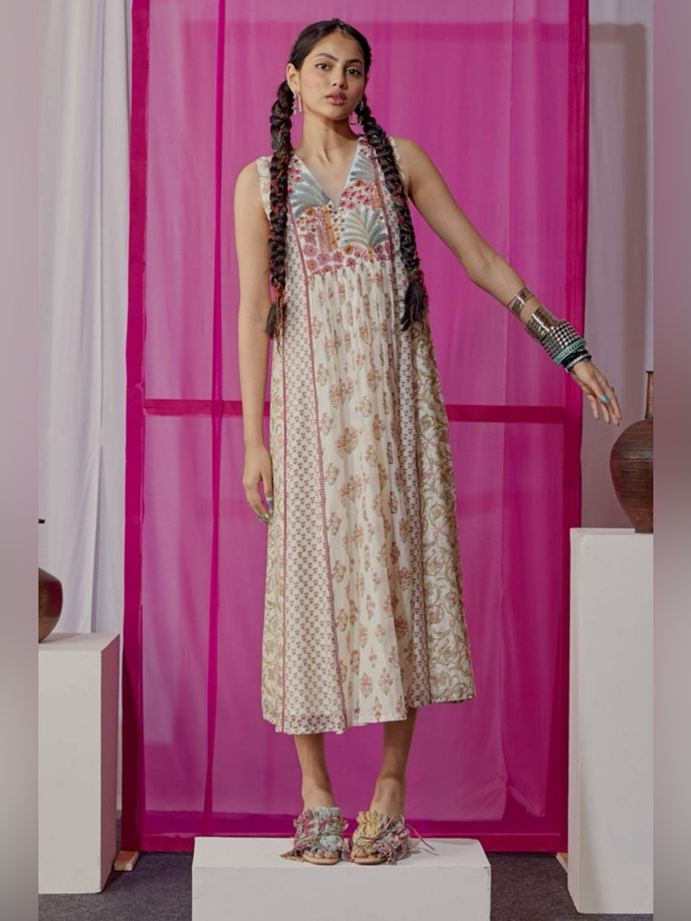 SUNIRA Nazm Paneled Maxi Dress Pink Paneled Hand Block Print Lace Detail India